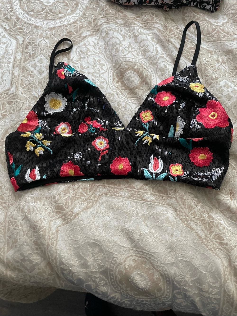 Forever 21 Black Sequin Floral Bralette with Red, Yellow & Teal Accents